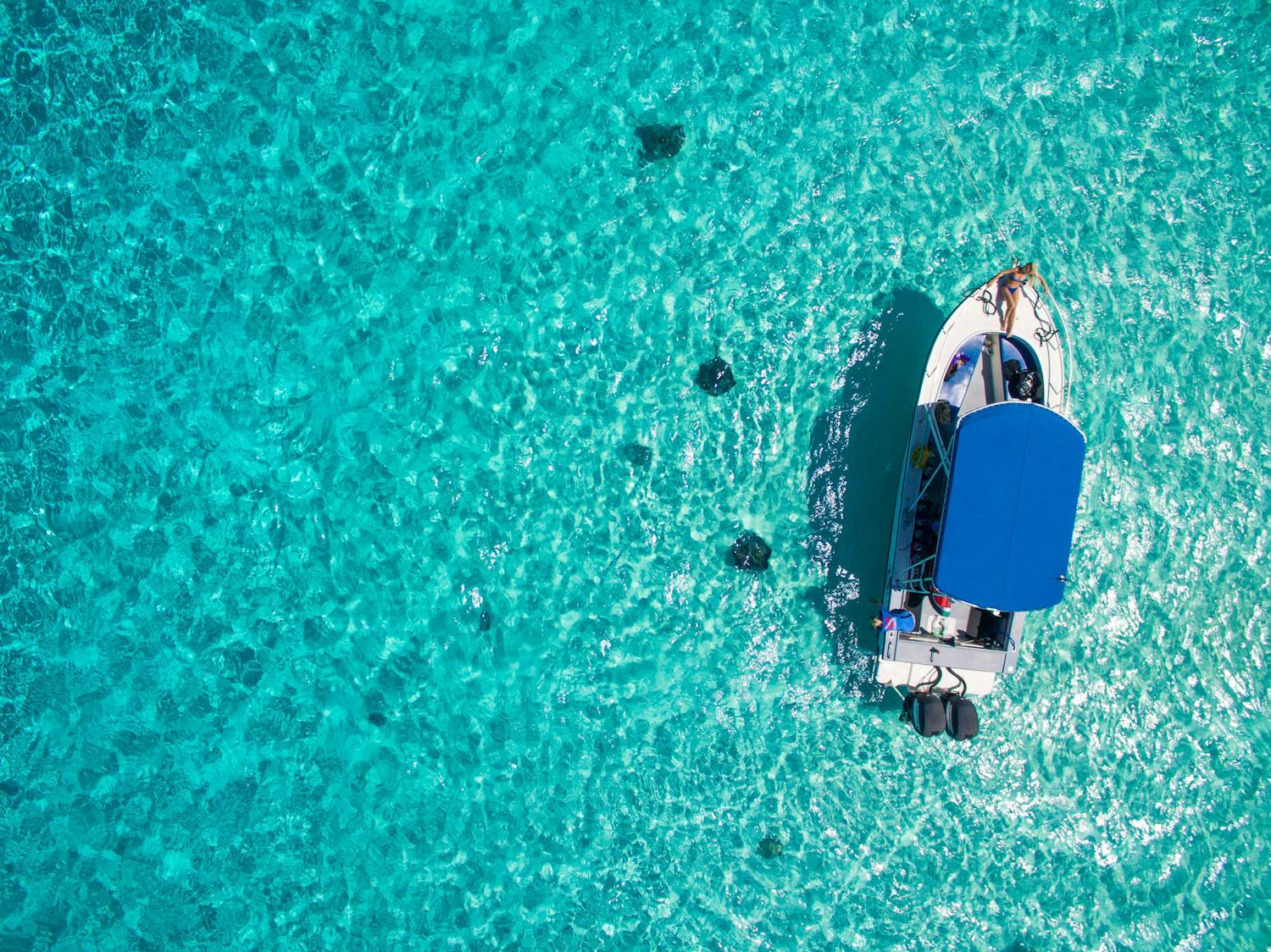 Aerial view of boat over Sting Ray City in the Cayman Islands 2