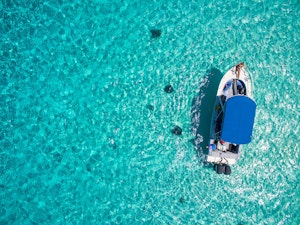 Aerial view of boat over Sting Ray City in the Cayman Islands