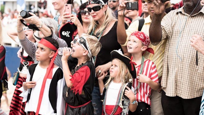 Children and adults dressed up for pirates week