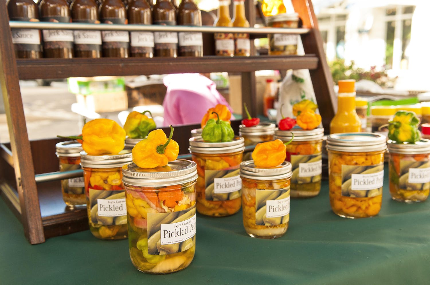 Locally made pickled peppers at the farmers market