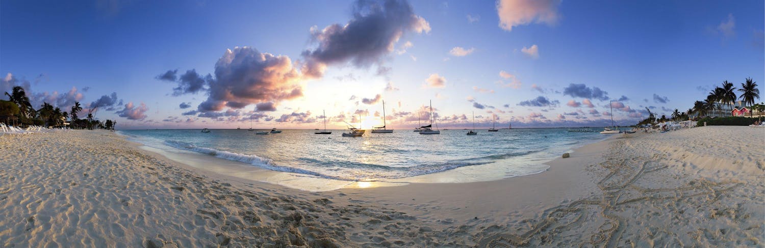 Panoramic shot of boats anchored offshore in the Cayman Islands