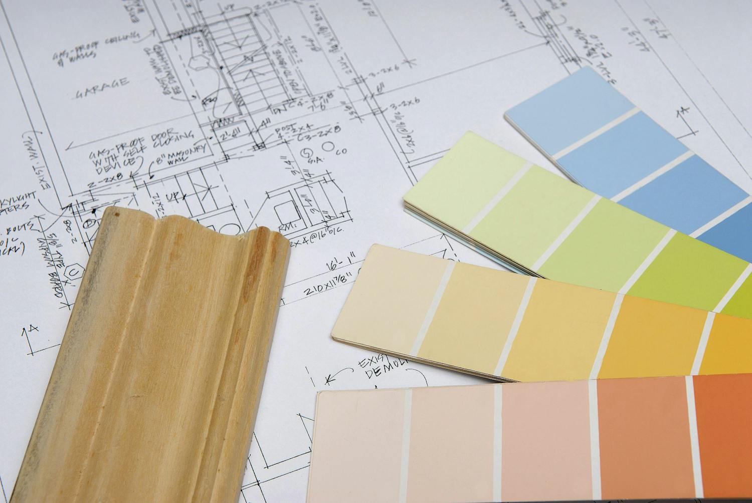 Home renovations with plans paint and wood sample